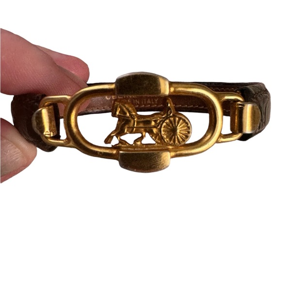 Celine Horse Carriage Leather Wrap Bracelet Bangle brown with Gold Tone Vintage - Picture 2 of 5